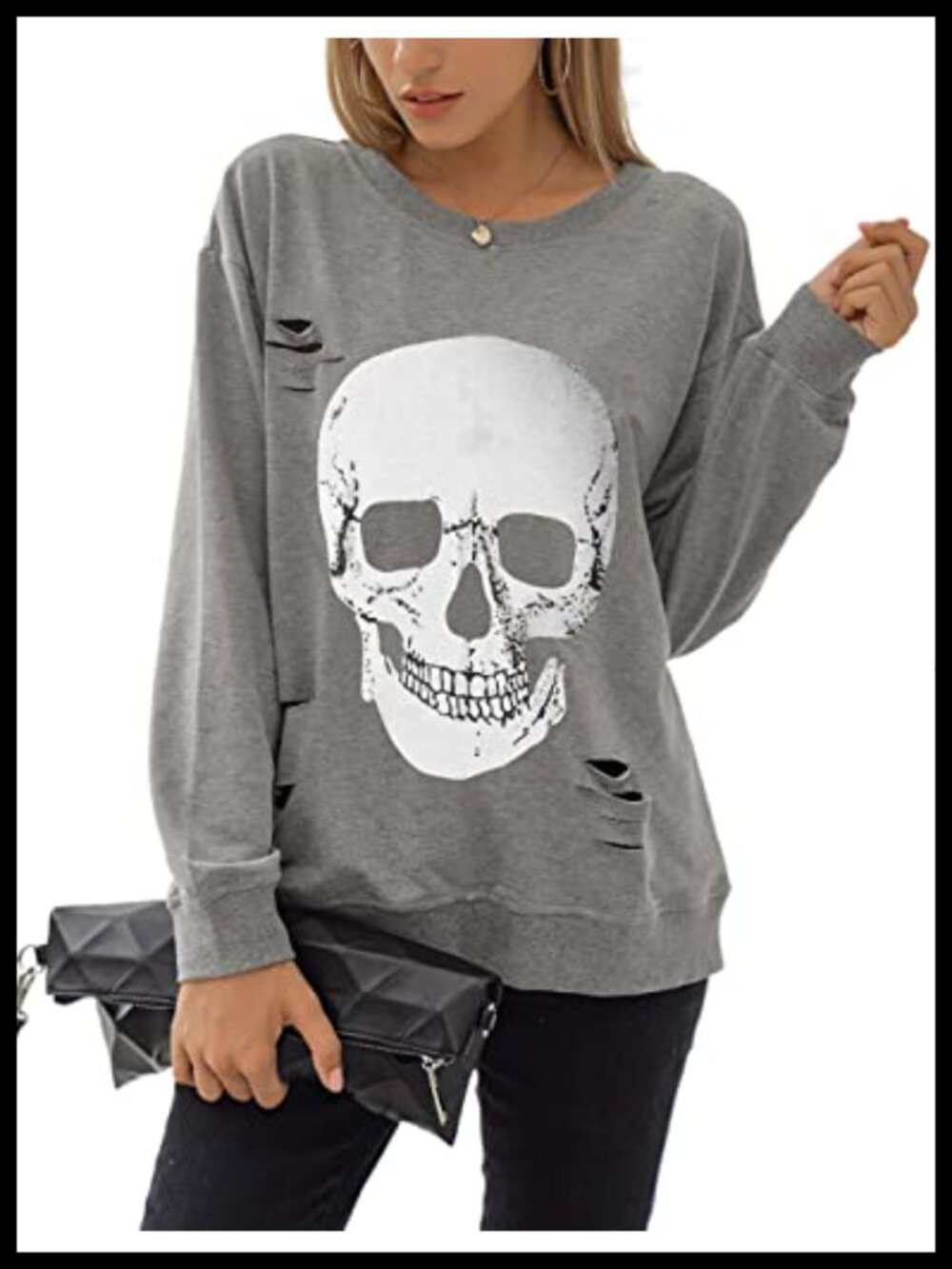Skull Graphic Crew Neck Pullover Sweatshirt Loose Fit Long Sleeve